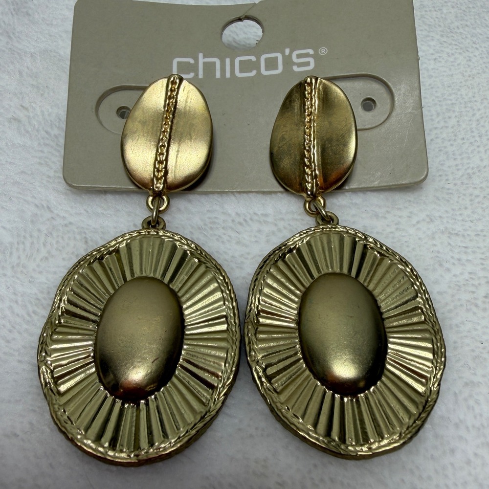 Chico's Matte Gold Tone Oval Sunburst Drop‎ Dangle Statement Earrings Mature NWT